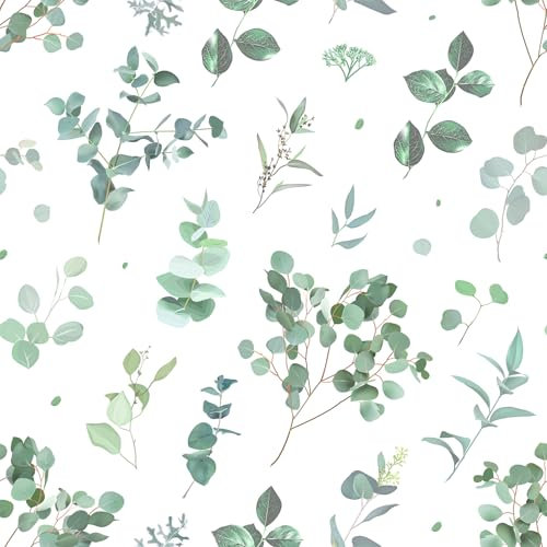 VaryFloral Papier Adhesif pour Meuble l'Eucalyptus Papier Peint Fleuri 30.5cmx300cm Stickers Meuble Feuilles Vert Vinyle Adhesif Aquarelle Blanc Rouleau Adhesif Decoratif Revetement Plan de Travail