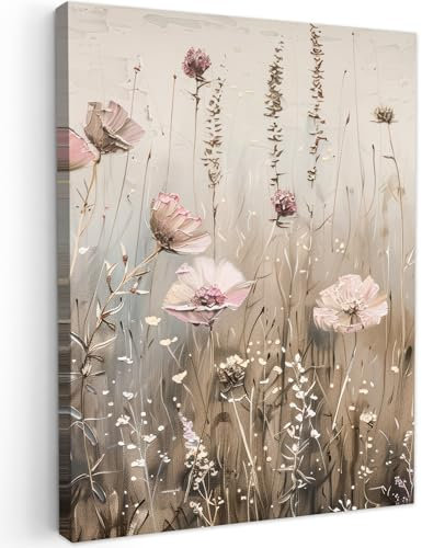 MuchoWow© Impression sur Toile Decoration Murale Peinture 60x80 cm Tableaux Decoratifs Muraux Déco Chambre Tableau Salon Fleurs - Rose - Moderne - Beige