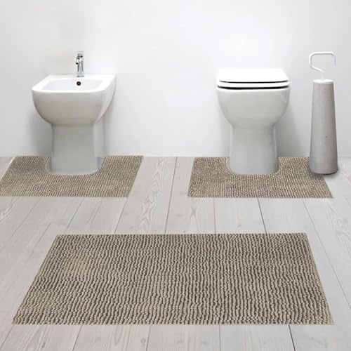 Susanna Home – Set 3 Tappeti da Bagno in Microfibra Shaggy Antiscivolo, Tappeto Rettangolare, Giro Water e Giro Bidet, Super Assorbente, Morbido e Lavabile - Disponibile in Diversi Colori (TORTORA)