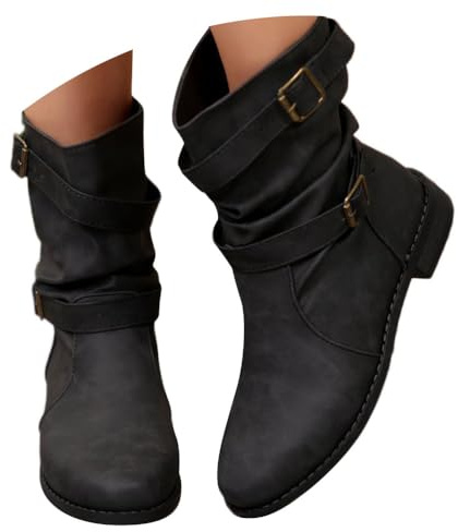 ticticlily Bottes et Bottines Femme de Cowboy Motard Casual Bottes à Talons éPais Hiver Mode Bout Rond Confortables sans Lacet Chaussures Courtes Mi-Mollet Bottes