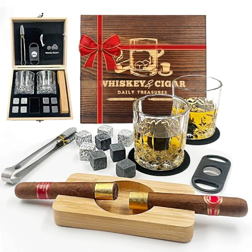 Daily Treasures Coffret cadeau à whisky pour homme - Lot de 16 pierres à whisky de luxe avec 2 verres, 8 pierres de granit, cendrier, cutter en bois et boîte en bois - Ensemble d'accessoires à whisky