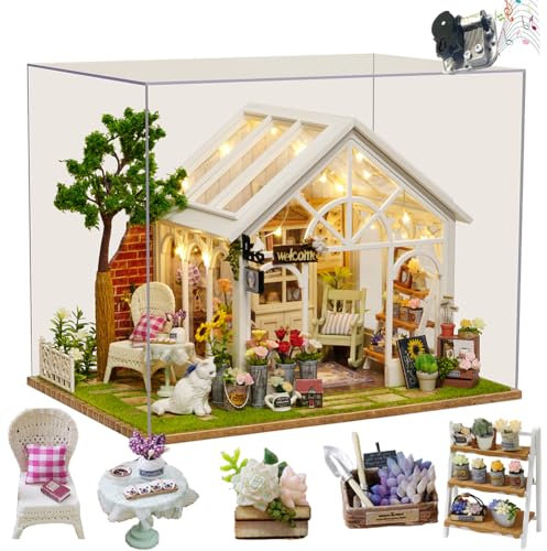 Doll House Kit Greenhouse, DIY Miniature Room with LED Light, Wooden Model Building Kit for Adults, Flower House，Gifts for Friends