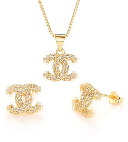 Generisch Damen Edelstahl 100% Wasserfeste Schmuck Frauen Halskette mit anhänger kette silber 925 Sterlingsilber set (Gold set Halskette Ohrstecker)