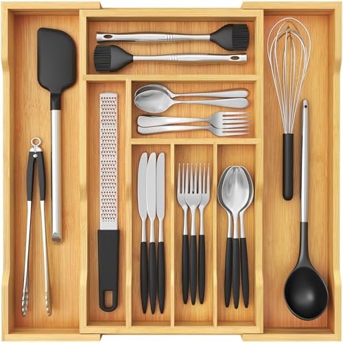 Lifewit Großer Besteckkasten für Schubladen, Tiefe 47 cm, Ausziehbarer Besteckeinsatz Breite bis zu 50 cm, Küchenschubladeneinsatz Schubladen Organizer, Bambus Besteckhalter für Löffel/Gabeln/Messer