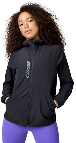 Brooks Women’s Canopy Jacket, Lightweight Wind & Water Resistant, Breathable, UPF 50+with Reflectivity & Stretch Fabric - Black - Medium