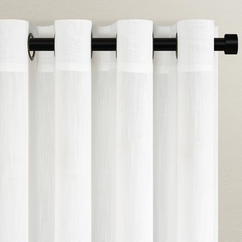 Topfinel 1 Stücke Leinen Gardinen Wohnzimmer Gardinen Halbtransparent Voile Vorhänge mit Ösen Hell Vorhang Weiß 300x260cm Schlaufenschal