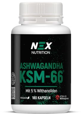 NEX KSM-66 Ashwagandha I Withania somnifera Wurzelextrakt I 300 mg je Kapsel 15 mg Withanolide standardisiert KSM-66 Wurzel ohne Blätter I vegan ohne Gelatine ohne Konservierungsstoffe I 180 Kapseln