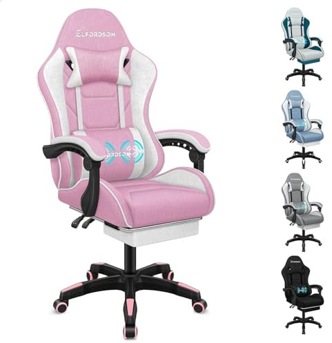 ELFORDSON Gaming Chair with 2-Point Massage Lumbar Support, High Back Reclining Computer PC Game Chair with Headrest & Footrest, 360° Swivel Office Racing Chair, Fabric Pink, for Playroom Esports