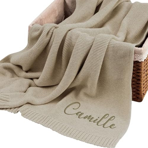 FENGHUO Personalisierte Babydecke, bestickte Strickdecke mit Namen, Babyparty- & Geburtstagsgeschenk – Hellbraun