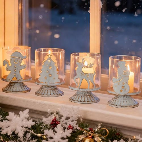 Sziqiqi Teelichthalter Weihnachten Geschenk für Tischdeko: Vintage Kerzenständer Weihnachten 4er Set für Weihnachtsdeko Tisch - Kerzenhalter Stumpenkerzen Weiß mit Windlicht für Innen Wohnzimmer Kamin