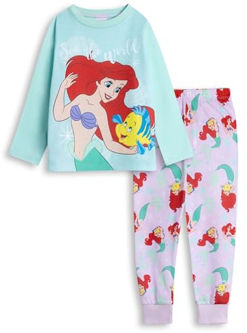 Disney The Little Mermaid Girls Multi Long Sleeve Long Leg Pyjama Set | Ariel Flounder Sleepwear for Bedtime & Lounging | Comfortable Nightwear for Kids Merch