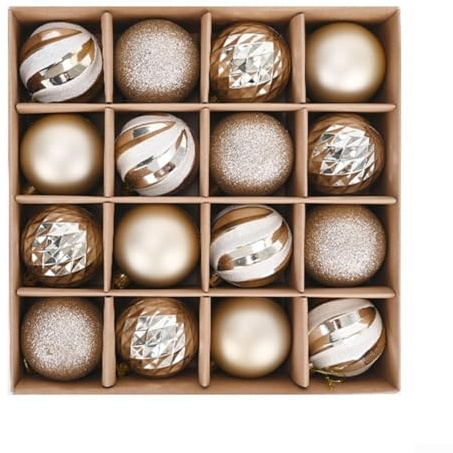 Set di 16 palline di Natale in plastica elettroplaccata color champagne, diametro 6 cm, per albero, ghirlanda e decorazione di eventi, con anello per appendere