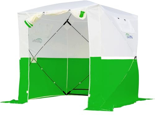 Goutime Faltbares Arbeitszelt Montagezelt Bauzelte 2 x 2 m (Weiß und Grün) | mit Reflektoren, schneller Aufbau, wetterfest & sonnengeschützt, tragbares Montagezelt für Baustellen