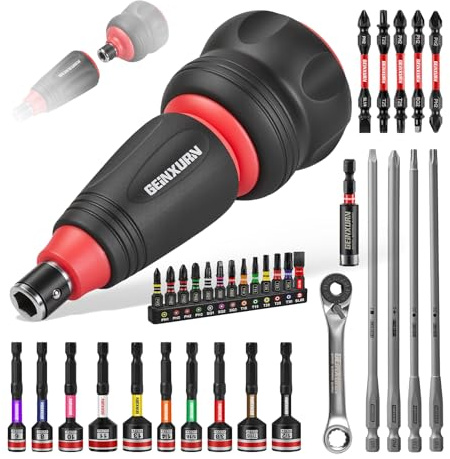 Geinxurn 35Pieces Screwdriver Set Include Stubby 2in1 Rachet Screwdriver Handle, Impact Screwdriver Bit, Dual End Ratchet Wrench, Bit Holder and Nut Driver for Repair & Outdoor Work