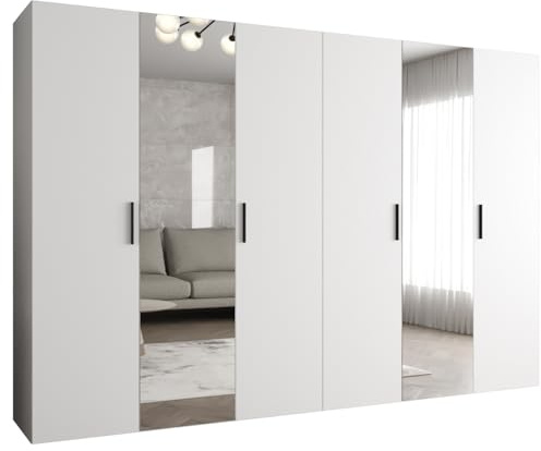 MEBLE KRYSPOL - Kleiderschrank - Garderobenschrank - 300 cm x 202 x 52 cm - Schrank mit Kleiderstange und Spiegel, 6 Türen - für Schlafzimmer, Flur - BARI, Weiß, Griff Schwarz