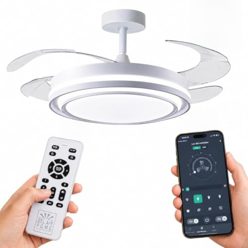 BEL AIR HOME Ventilador de Techo NIKOS Motor DC Blanco con APP | Aspas Desplegables Retráctiles, APP para Móvil, Luz LED 36W 3000K/4000K/6500K, Mando a Distancia, 50x50x35 cm