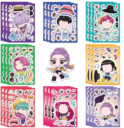 Sticker Set für Kinder, 24 Blätter DIY Make-A-Face Aufkleber, Anime-Hunter | Wasserdichte süße Korean-Pop Mini Sticker für Scrapbooking, Kindergeburtstag Party Mitgebsel und Kleine Geschenke für Mädchen