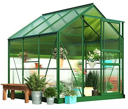 Garden Grow 6x6' Polycarbonate Greenhouse Large Walk-in Garden Growhouse, Rust-proof Frame, Sliding Door & Supported Twin Wall Panels with Steel Base (Green)
