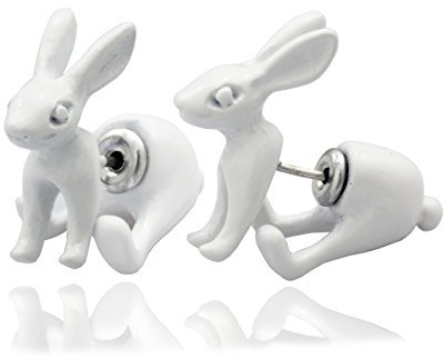F & F Fashion 1 Paar Weiß 3D März Hase Kaninchen Bunny Alice im Wunderland Ohrringe Ohrstecker