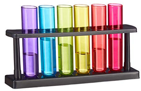 Relaxdays 18er Set Reagenzgläser Shotgläser, witzige Schnapsgläser mit Ständer, 4 cl, Test Tubes für Shots, Kunststoff, bunt