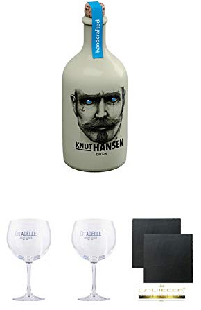 Knut Hansen Dry Gin 0,5 Liter + Citadelle Ballon GIN Glas 1 Stück + Citadelle Ballon GIN Glas 1 Stück + Schiefer Glasuntersetzer eckig ca. 9,5 cm Ø 2 Stück