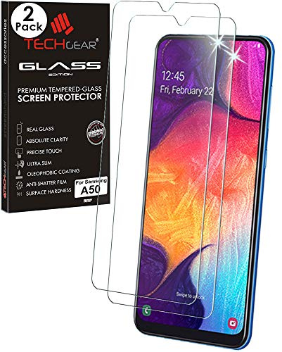 TECHGEAR 2 Pack GLASS Edition Compatible with Samsung Galaxy A50, Tempered Glass Screen Protector Covers [2.5D Round Edge] [9H Hardness] [Crystal Clarity] [Scratch-Resistant] [No-Bubble]