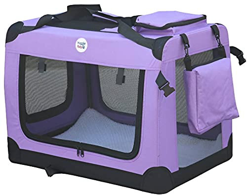 HugglePets Foldable Fabric Pet Crate Carrier - Purple (Medium 60 x 42cm) Lightweight & Ventilated Double Door Carrier for Dogs & Cats with Sheepskin Mat. Ideal for Home & Travel.