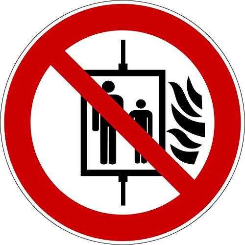 Aufkleber Verbotszeichen Schild Aufzug im Brandfall nicht benutzen Folie ISO 7010 Ø5-30cm rot/weiß made by MBS-SIGNS in Germany, Größe: Ø10 cm