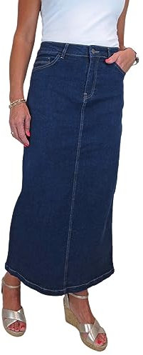 Women's Very Stretchy Denim Maxi Skirt Ladies Casual Straight Long Jeans Skirt Soft Wash Indigo Blue 10-22 (14)