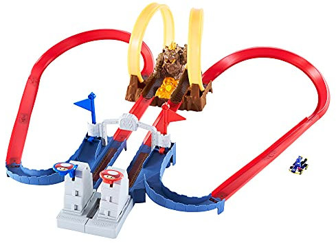 Hot Wheels Mario Kart Bowser’s Castle Chaos Modular Track with Side by Side Racing Lap Flags and Bowser Figure Connects to other sets Gift idea for Ages 3 years and older