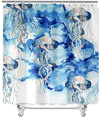Meiju-shop Mateju Wasserdicht Duschvorhang Staubdicht,3D Quallen Druck Duschvorhänge Waschbar Polyester Stoff Badvorhang mit 12 Duschvorhängeringen für Badewanne Badezimmer (Blaue Quallen,150x180cm)
