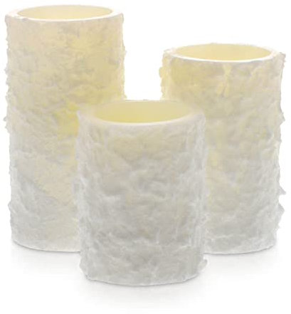 LED Universum - LED Kerze Elara, Echtwachskerze in Schneeoptik weiß, 10 I 12,5 I 15 cm, Flackereffekt, warmweiß, 5h Timer, Batteriebetrieben je 3x AAA (nicht inklusive) (Elara 3er Set)