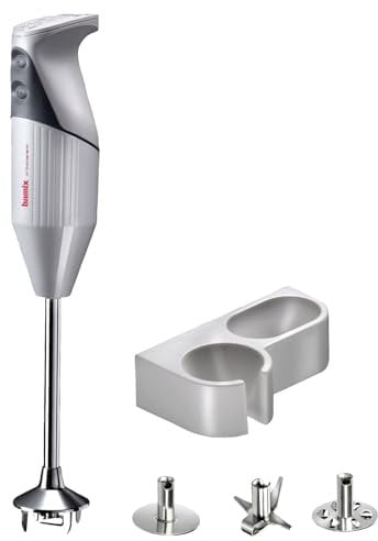 bamix Stabmixer Set G200 GASTRO PRO-2 inkl. Multifunktionsmesser, Quirl-Aufsatz und Schlagscheiben-Aufsatz, Halterung, 200 Watt, 2 Stufen, Edelstahl, Made in Switzerland, Weiß/Lichtgrau