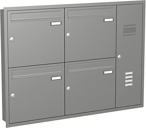 Briefkastenanlage Unterputz mit eckiger Verkleidung und Klingeln Modell U3 Farbe RAL 9007 Graualuminium, Größe mit 4 Briefkästen