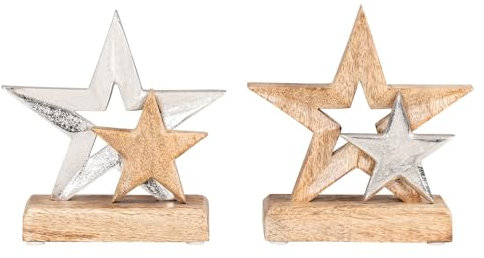 levandeo 2er Set Stern 15x15cm Metall Mango Metallstern Silber Braun Tischdeko Holzstern Holz Tischdeko Holz Dekoration Deko Aufsteller Weihnachten Wohndekoration Geschenk