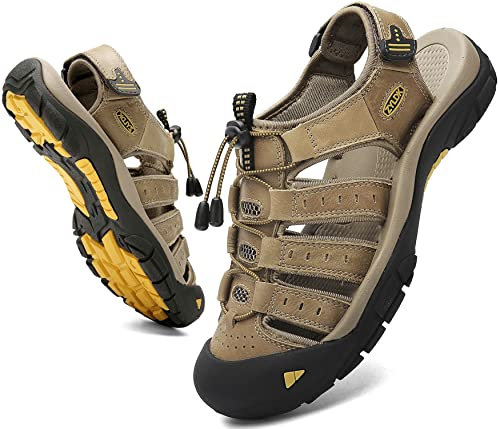 ZYLDK Sandalias de Senderismo para Hombres Verano Exterior Deportivas Zapatos Trekking Casual Zapatos de Montaña Cuero Sandalias de Playa Antideslizante Verano,Caqui,43