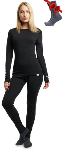Merino.Tech 100% Vetement Femme Ensemble Laine Merinos + Chaussettes | Sous Couche Merinos Léger, Moyen, Épais, Respirant, Anti-Odeur Naturel, Idéal pour la Randonnée, Ski, Voyage, Non-Irritant