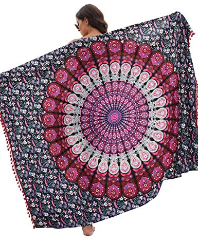 CMTOP Damen Sarong Strand Wrap Vertuschung Chiffon Badeanzug Bikini Cover up Wickelröcke Sexy Pareos Strandkleider mit Quasten zum Tragen über Badeanzügen(rund lila,Einheitsgröße)
