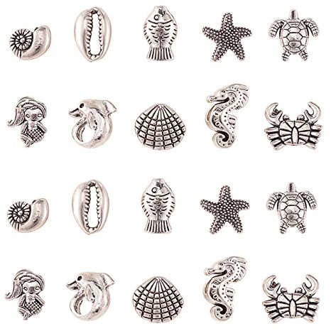 Airssory 50 Stück 10 Stile Marine-Themen-Perlen Metalllegierung Muscheln Muscheln Fisch Seestern Schildkröten Meerjungfrauen Delfine Seepferdchen