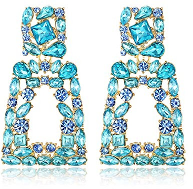 EVER FAITH Pendientes Mujer Cuadrados Grandes Bohemios de Goteo de Cristal Geométrico con Diseño Azul Claro Tono Dorado