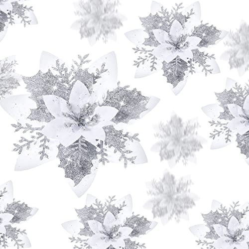 36 Stück Glitzer Künstlich Weihnachtsstern Blumen Weihnachten Poinsettie Künstlich Hochzeit Blumen Dekoration Weihnachtsbaum Ornamente mit Clips, 6 Zoll, 4 Zoll, 3 Zoll (Silber und Weiß)