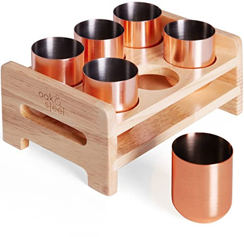 Oak & Steel - 6 Roségold Schnapsgläser aus Edelstahl mit Schnapsbrett aus Holz (50ml) - Kupfer Unzerbrechliche Shotgläser - Geschenkset für Weihnachten