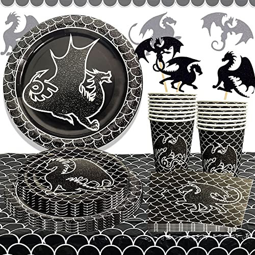 JeVenis Drachen Party Teller Drachen Party Zubehör Drachen Party Tischdecke Drachen Cupcake Toppers Fantasy Party Teller Fantasy Party Zubehör Fantasy Party Deko