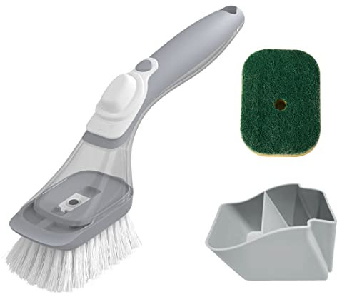 CQT Soap Dispensing Dish Brush Storage Set, Dish Scrubber with Handle, Kitchen Washing Brush for Pot Pan Sink Cleaning, Kitchen Brush with Holder and 1 Replaced Scouring Pad Head
