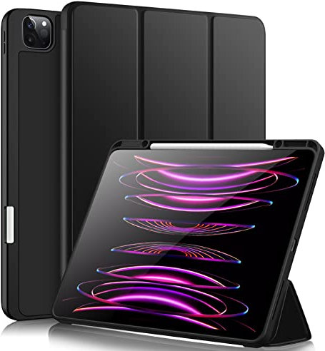 Vobafe Hülle Kompatibel mit iPad Pro 12.9 Hülle 6./5./4./3.Generation, TPU Flexible Rückseite mit Stifthalter für iPad Pro 12,9 2022/2021/2020/2018, Unterstützung Pencil 2 Aufladung, Schwarz