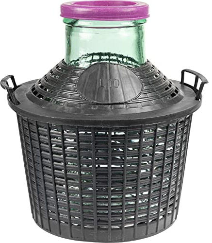 DIAH DO IT AT HOME Bonbonne en verre à col large de 10 l avec panier en plastique – Carafe à fermentation transparente pour la fabrication de vin maison en vrac, la fermentation des fruits et le