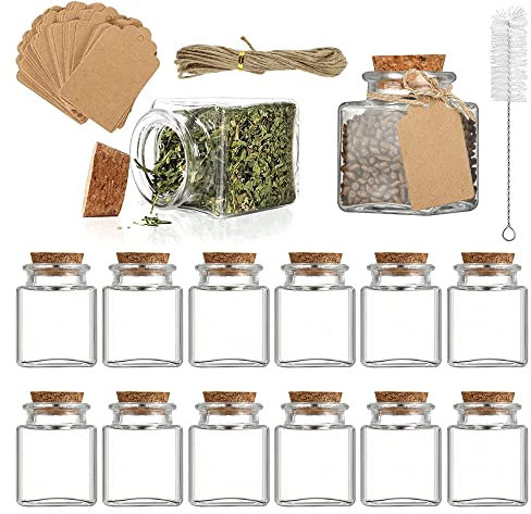 DAGORD 12 Stück Kleine Glasflaschen 50ml Mini Flaschen Glas mit 12 Stück Etiketten und 10m Schnur und 1 Lange Bürste, Mini Glasflaschen Kleine Glasflaschen mit Korken für Hochzeits Partygeschenke