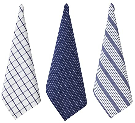 Penguin Home Set of 3 100% Cotton Kitchen Towels, Eco Friendly Sustainable Tea Towels Stylish with Different Pattern, Size - 50x70 cm Colour - White & Blue Dish Towels