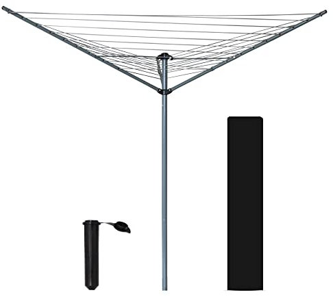 Ram® - Corde à Linge rotative à 3 Bras - 30 m - avec Piquet et Housse - Gris