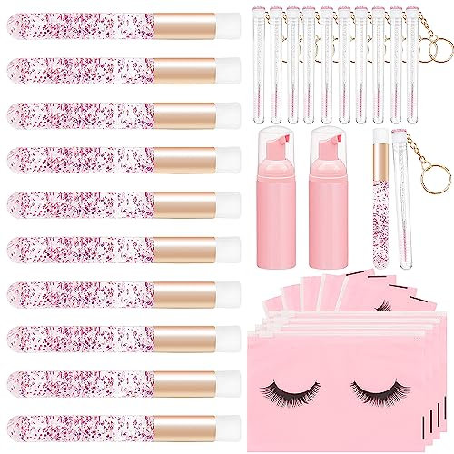 Mekupeu Lash Shampoo Brush Sets 10pcs Crystal Lash Cleansing Brush 10pcs Disposable Tube Mascara Wands Brush 3pcs Empty Lash Shampoo Bottles Lash Extensions Aftercare